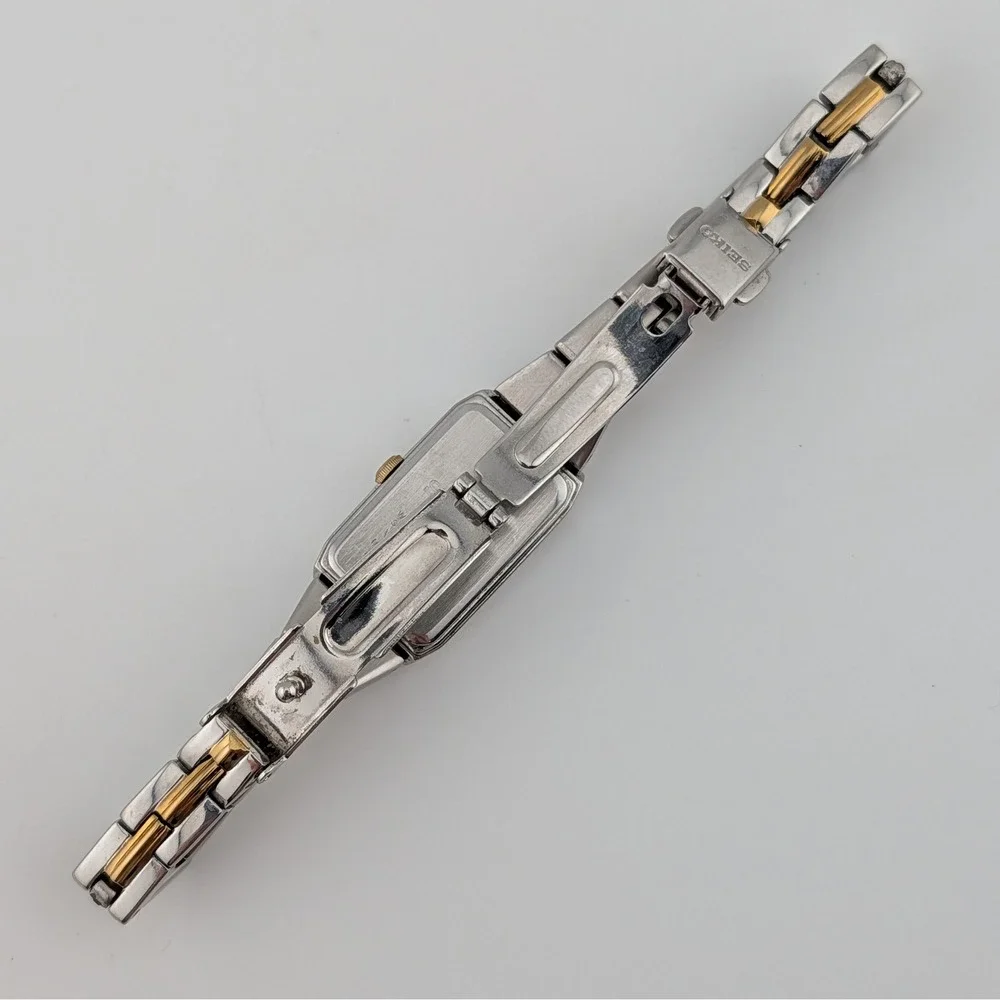 Seiko Solar Two Tone Black Sunburst Dial Rectangular Women's Watch V116-0AH0